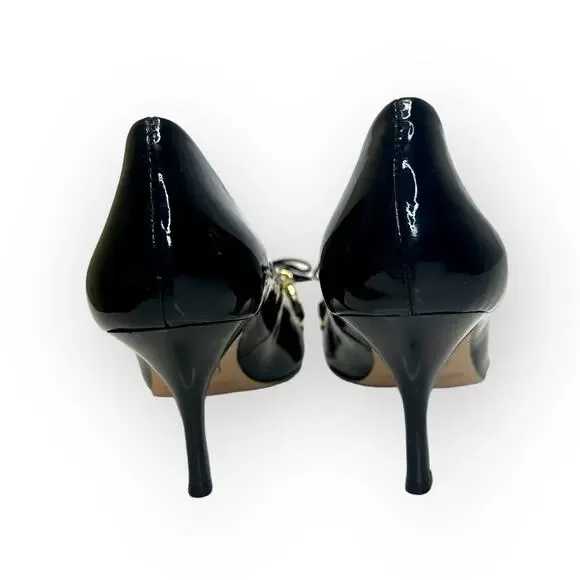 White House Black Market Gabriele Pump Size 6 Black Patent Leather Bow Chain Toe - Picture 11 of 12